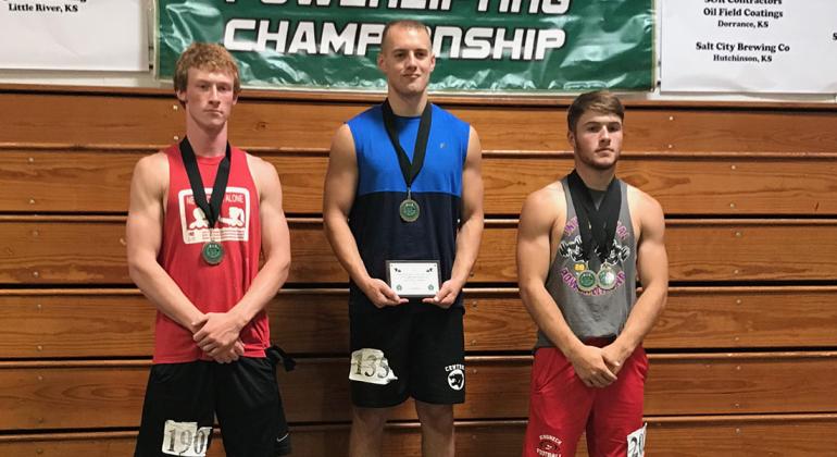 The 165 pound class at the KEMFA State Powerlifting Championships featured three outstanding lifters. Pictured (L-R): Garret Dalinghaus, Frankfort junior, third overall; Garrett Burns, Central Christian junior, first overall and multiple record-breaker; and Conner Born, Hill City senior, second overall. (Photo courtesy Jerry Burns)
