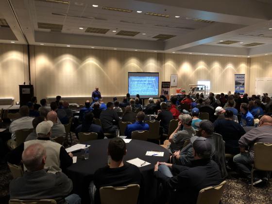 New Kansas State coach Chris Klieman spoke to a packed house to kick-off Friday night's Kansas Football Coaches Association Clinic in Wichita. (Photo by Rod Stallbaumer)