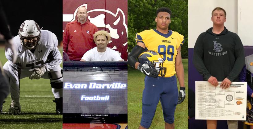 From left-to-right: Garden City junior Refujio "Fuji" Chairez, Dodge City senior Evan Darville, Wichita Northwest senior Marcus Hicks and Lakin junior Hadley Panzer are among the state's best football linemen and 285 pound wrestlers. (Photo credit: Adam Shrimplin, Courtesy Photo, Joey Bahr, Courtesy Photo)
