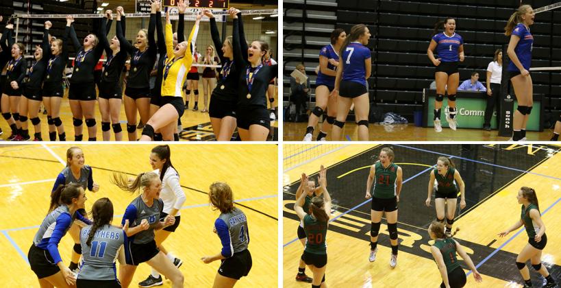 Clockwise from top left: Garden Plain, Wabaunsee, Smith Center and Colgan celebrate at last year's state tournament. (Photos by Everett Royer, KSportsImages.com)