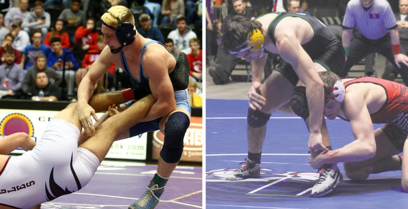 Left: Scott City senior Wyatt Hayes is the top-ranked wrestler in the 170 pound class. (Photo by Everett Royer, KSportsImages.com) Right: Prairie View senior Gavin Cullor is the third-ranked wrestler in the 160 pound class. (Photo by Adam Holt, Linn County News)