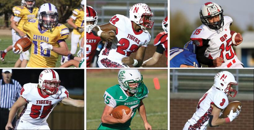 Clockwise from top left: Weskan's Dalton Mackley, Natoma's Kayden Martinez, Golden Plains' Roberto Loya, Natoma's Tracen Frye, Northern Valley's Bailey Sides and Natoma's Derek George. (All photos by Everett Royer, KSportsImages.com except Mackley and Sides, by Linsey Bussen and Fig Millan respectively.) 
