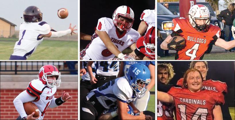 Pictured, clockwise from top left: Ingall's Will Ast, Natoma's Javon Letsch, Golden Plains' Mason Green, Wetmore's Kyler Wommack, Tescott's Nate Ehlers, and Cunningham's Lane Halderson were among the players selected for June 3rd's 6-Man All-Star game in Newton. (Photos: Ast by Karla Ast; Green by Judy Rogers; Wommack photo courtesy Wetmore Booster Club; Letsch and Halderson photos by Everett Royer)