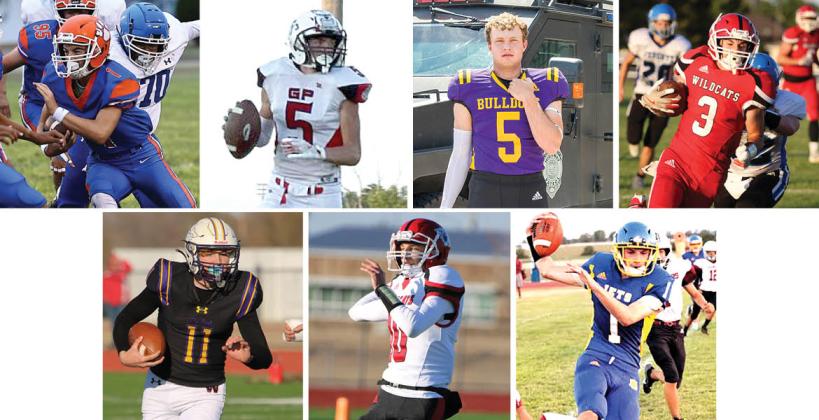 Pictured, clockwise from top left: Jake Hoopingarner, Josh Rath, Langston Nothern, Luke Albers, William Stackhouse, Will Wegerer, and Trey Allen. (Hoopingarner photo courtesy Great Bend Tribune, Rath photo submitted, Nothern photo by Heather Kindall Photography, Albers and Wegerer photos courtesy Cunningham Yearbook class, Allen photo courtesy Weskan schools, Stackhouse photo courtesy Altoona-Midway schools)