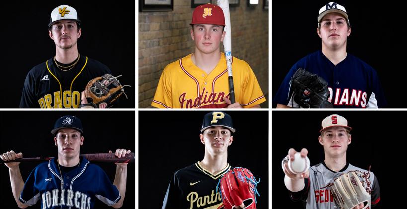 Clockwise from top left: Valley Falls' Avery Gatzemeyer, Hays High's Dylan Dreiling, Manhattan's Cade Perkins, Sedgwick's Lance Hoffsommer, Paola's Caden Marcum, and TMP-Marian's Jace Wentling.