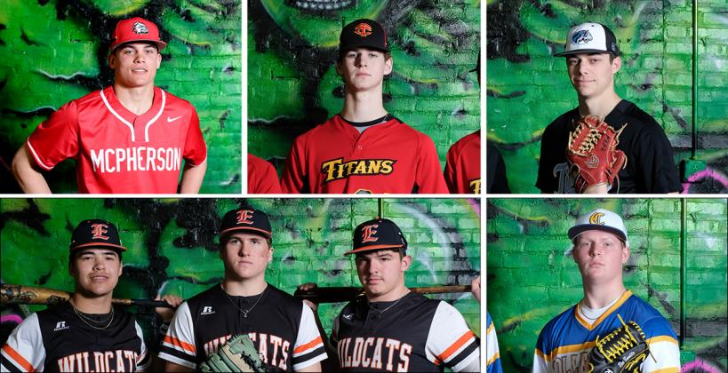 Pictured, clockwise from top left: McPherson's Hunter Alvord, Columbus' Seth Stover, Eisenhower's Tyner Horn, Collegiate's Hayden Malaise, and Elkhart's Austin Rich, Kage Ralstin, and Cesar Gomez were among the first team All-State selections by the Kansas Association of Baseball Coaches. (Photos: Joey Bahr, For Kansas Pregame) Pictured, clockwise from top left: McPherson's Hunter Alvord, Columbus' Seth Stover, Eisenhower's Tyner Horn, Collegiate's Hayden Malaise, and Elkhart's Austin Rich, Kage Ralstin, and Cesar Gomez were among the first team All-State selections by the Kansas Association of Baseball Coaches. (Photos: Joey Bahr, For Kansas Pregame)