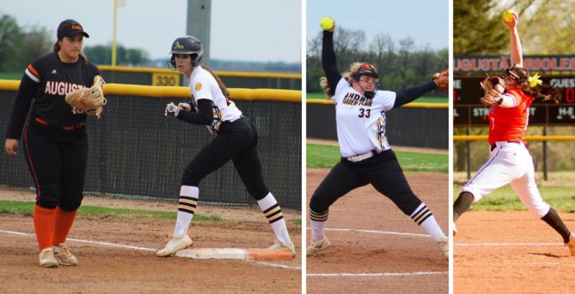 L-R: Augusta's Allie Ebenkamp and Andale/Garden Plain's Macie Eck wait for the pitch in Monday's doubleheader. (Photo by Jaysa Anderson); Andale/GP's Rachel Choate prepares to deliver the pitch in Monday's doubleheader. (Photo by Jaysa Anderson); Augusta's Gracie Johnston is one of the top pitchers in Kansas. (Photo by Lori Streck)