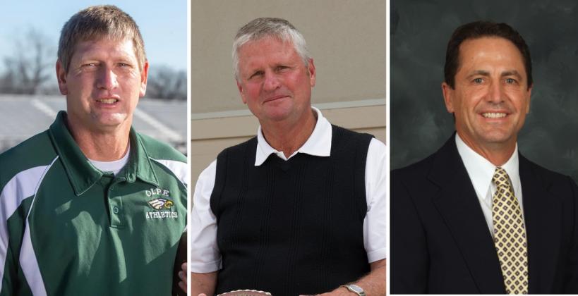 (L-R): Olpe's Chris Schmidt, Colgan's Chuck Smith, and Doug Simpson. (Photo credit, L-R: Evert Nelson/Topeka Capital-Journal; File Photo; Courtesy Photo)