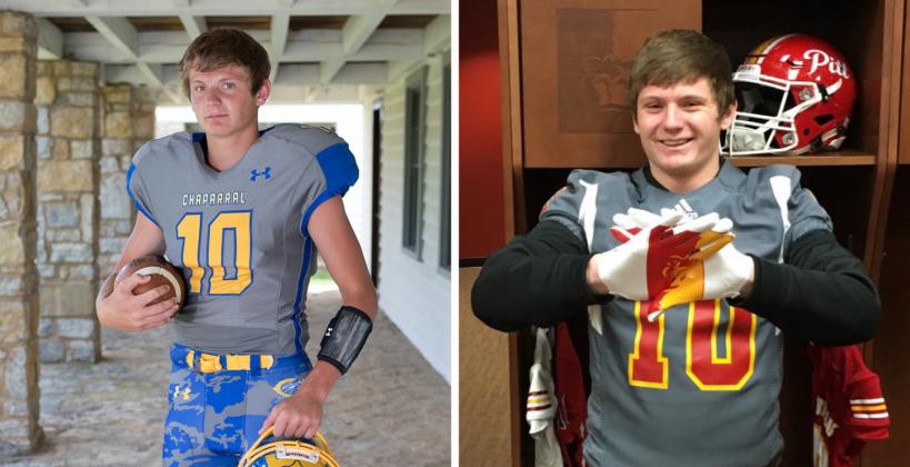 Jake Burke, a Kansas Pregame coverboy from Chaparral who played QB and safety in high school, accepted a scholarship offer from Pittsburg State, where he'll likely transition to linebacker. (Left photo by Derek Livingston, right photo courtesy Jake Burke) Jake Burke, a Kansas Pregame coverboy from Chaparral who played QB and safety in high school, accepted a scholarship offer from Pittsburg State, where he'll likely transition to linebacker. (Left photo by Derek Livingston, right photo courtesy Jake Burke)