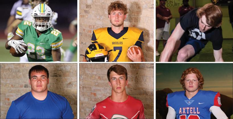 Clockwise from top left: Derby's Tre Washington, Wichita Northwest's Reagan Jones, Andover Central's Ty Herrmann, Axtell's Quinn Buessing, Smith Center's Joel Montgomery and Norton's Dante Smith. (Washington photo by Walter Dixon/Derby Informer, Buessing photo by Everett Royer/KSportsImages.com, all others Kansas Pregame file photos.)