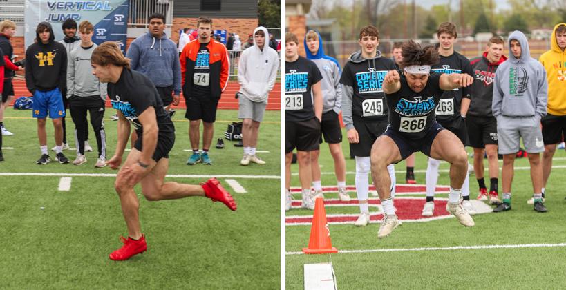 Left: McPherson's Sky Schriner was one of the top performers at the April 17th Sharp Performance Combine and is expected to have a breakout season for the Bullpups this fall. Right: Pratt's Enoch Walton was one of the most powerful players at the April 17th Combine and was the 3A State Powerlifting Champion at 198 pounds. (Photos by Rayne Schmidtberger)