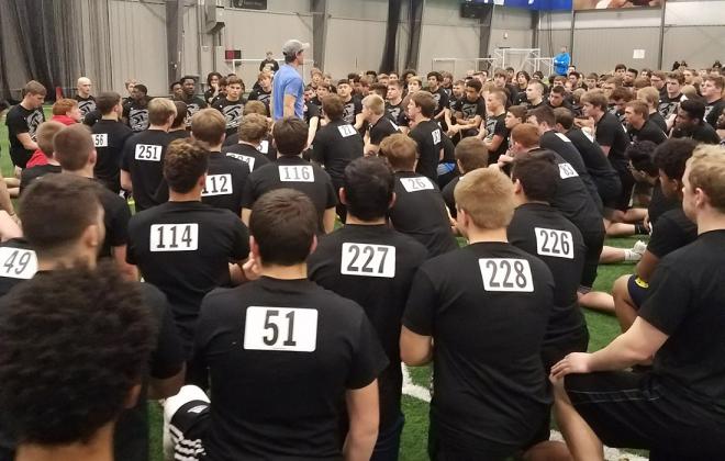 Jake Sharp addresses the athletes prior to the 2018 testing combine. (File Photo)