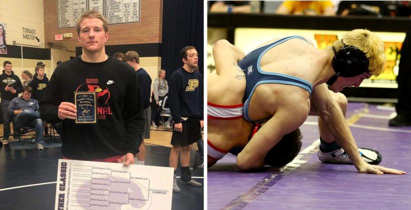 Ell-Saline senior Nick Davenport, left, continued his unbeaten season and top ranking at 3-2-1A's 220 pounds winning the Remington Tournament where he beat third ranked 4A 220 pounder Kenny Fehrman. (Courtesy Photo) Riley County senior Luke Richard continues his unbeaten season as the top-ranked wrestler at 145 pounds in 3-2-1A. (Photo by Everett Royer, KSportsImages.com)