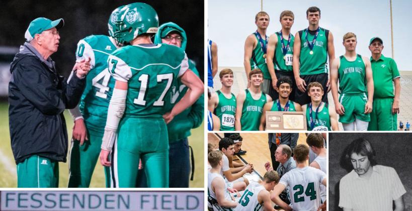Chuck Fessenden retired this spring after nearly 45 years coaching football, basketball and track & field. (Current photos by Fig Millan; Bottom right photo of Chuck in his early days as a teacher at Northern Valley courtesy Amy McKinney via a Northern Valley yearbook)