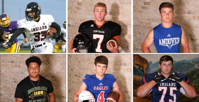 Clockwise from top left: Wichita County running back Jesse Gardner (Photo by Everett Royer); Centralia QB Kamble Haverkamp (File Photo); Andover LB Ashton Ngo (File Photo); Manhattan OL Sam Shields (Photo by Everett Royer); Canton-Galva QB Landon Everett (File Photo); Basehor-Linwood OL Cion Harris (File Photo)