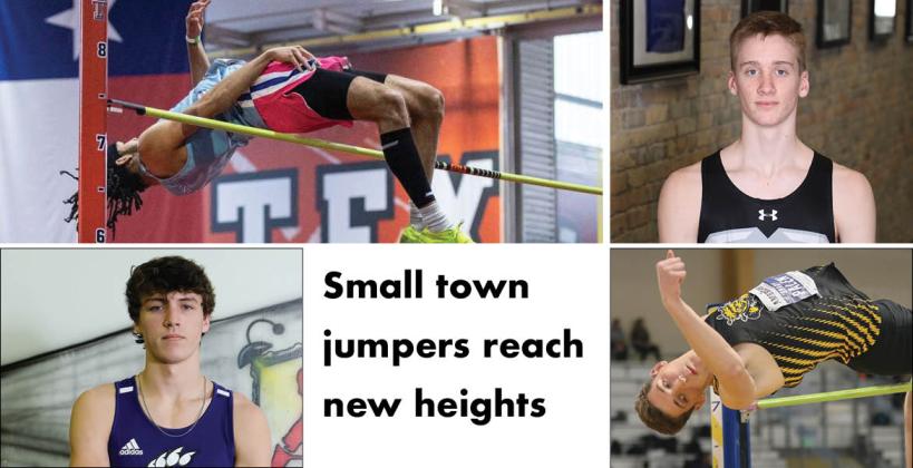 Clockwise from top left: West Elk's Devin Loudermilk, Sterling's Tyus Wilson, St. John's-Beloit/Tipton's Brady Palen, and Burlingame's Matthew Heckman are all big-time college high jumpers from small-town Kansas. (Photos: Elicia Castillo, Joey Bahr, Larry Staton, Joey Bahr)
