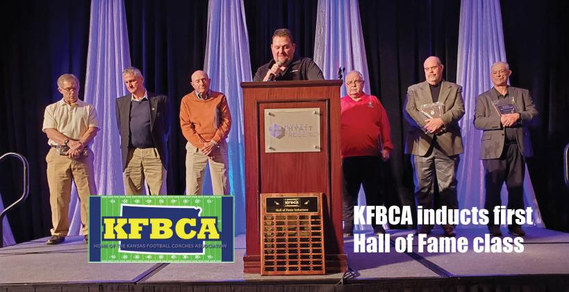 From left-to-right: Tom Young, Chuck Smith, Dick Purdy, KFBCA president Justin Burke, Roger Barta, Marvin Diener and Gary Cornelsen. Not pictured: Pete Kriwiel, son of the late Eddie Kriwiel who passed away in 2008. (Photo by Kansas Pregame publisher John Baetz)