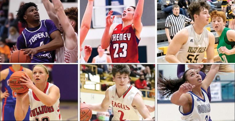 Clockwise from top left: Topeka West's Elijah Brooks, Cheney's Brynn McCormick, Valley Falls' Avery Gatzemeyer, Goddard's Maycee James, Maize's Kyle Grill and Golden Plains' Kassie Miller are just a few of this year's KBCA All-Star selections. (Photo credit: Chance Parker/Topeka Capital-Journal, Jean Nance, Tiffany Sieve, Mike Hogan, Everett Royer/KSportsImages.com)