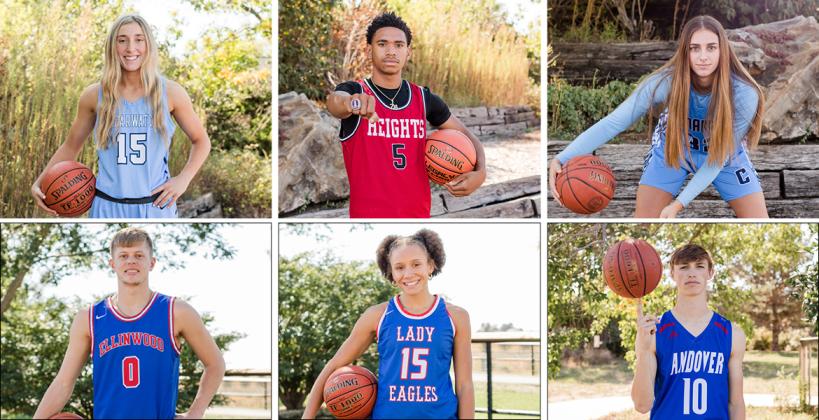 Clockwise from top left: Clearwater's Carli Calrson, Wichita Heights' Marcus Zeigler, Cimarron's McKayla Miller, Andover's Eli Shetlar, Hugoton's Summya Adigun, and Ellinwood's Britton Dutton were among the players selected for the Kansas Basketball Coaches Association's annual All-Star Game scheduled for June 24th at Kansas Wesleyan University in Salina. (Photos: Heather Kindall Photography)