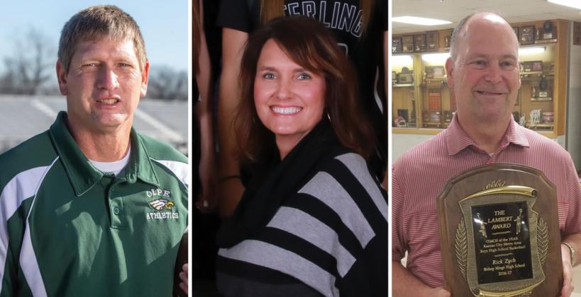 (L-R): Olpe's Chris Schmidt, Sterling's Jill Rowland and Bishop Miege's Rick Zych are three of the coaches honored with KBCA Special Awards. (Photo credit: Evert Nelson/Topeka Capital-Journal; RJ Forbus/Kansas Pregame; Bishop Miege Twitter)