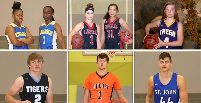 Clockwise from top left: Schlagle's Ishante Suttington and Camille Evans, Liberal's Katie Horyna and Machia Mullens, Trego's Lili Shubert, St. John's Tanner Halling, Beloit's Vincent Palen and Eisenhower's Jordan Vincent. (Photos by Everett Royer, KSportsImages.com)
