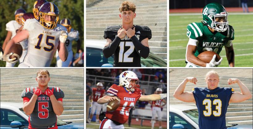 Among those athletes featured in Kansas Pregame in August that also earned some level of KFBCA All-State recognition are (clockwise from top left) Lakin's Colter Oldham, Andover Central's Jace Adler, De Soto's Jayden Lang, Council Grove's Holden Ziegler, Cheney's Josh Burdick and Wellington's Brody Weir. (File Photos)