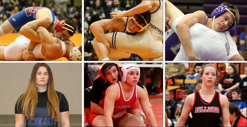 Pictured, clockwise from top left: Eureka's Brennan Lowe, Silver Lake's Kai Allen, Louisburg's Cade Holtzen, Marysville's Elise Rose, McPherson's Hayley Schafer and Junction City's Elisa Robinson. (Holtzen photo courtesy Andy Brown, Louisburg Sports Zone; All other photos by Everett Royer, KSportsImages.com)