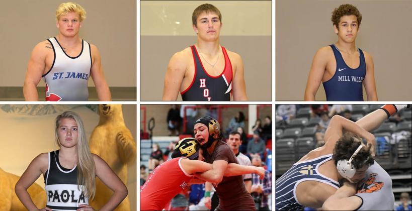 Pictured clockwise from top left: St. James Academy's Clay Lautt, Hoisington's Wyatt Pedigo, Mill Valley's Zach Keal, St. Thomas Aquinas' Jared Simma, Garden City's Anjelina Serrano and Paola's Jordyn Knecht. (All photos by Everett Royer, except Simma photo, provided courtesy of St. Thomas Aquinas Wrestling)