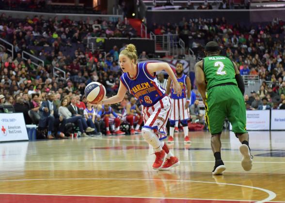 Southeast of Saline grad Hannah "Mighty" Mortimer will highlight the Harlem Globetrotters trip to Salina. (Photo by Brett Meister, courtesy Harlem Globetrotters)
