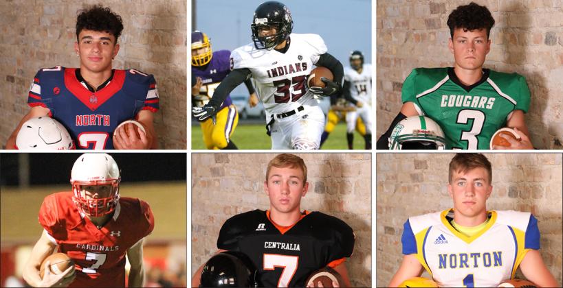 Clockwise from top left: Olathe North's Arland Bruce IV, Wichita County's Jesse Gardner, Central Christian's Caleb Lambert, Norton's Kade Melvin, Centralia's Kamble Haverkamp and Hoisington's Mason Haxton all keyed their team to victories in Friday's quarterfinal playoff games. (Gardner photo by Everett Royer, Haxton photo by Joey Bahr)