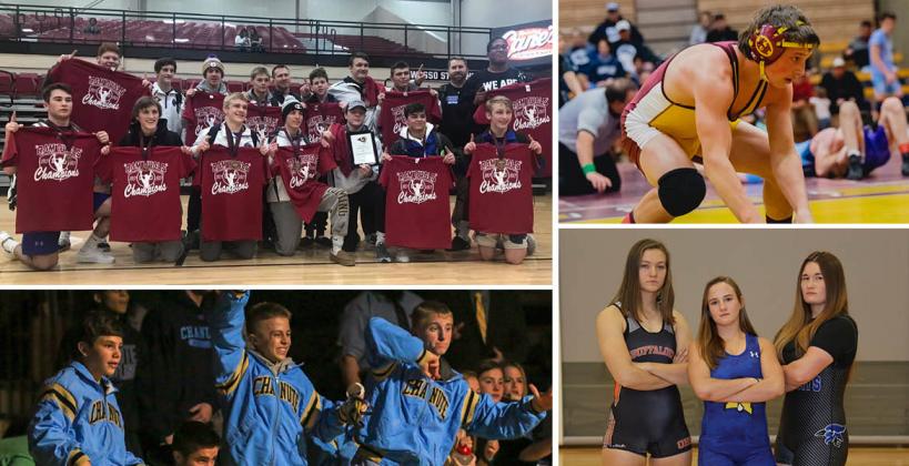 Pictured, clockwise from top left: Goddard, Hillsboro's Jordan Bachman, Junction City's Elisa Robinson, Nickerson's Nichole Moore, Onaga's Morgan Mayginnes, Chanute's Kedric Emling, Trent Clements and Kolton Misener. (Photos courtesy Jammie Atkins, Hillsboro Wrestling, Everett Royer and Sophie Osborn)