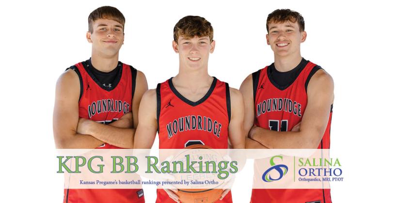 Moundridge basketball is on the hunt for their third straight 2A state title led by Bear Moddlemog (left), Kaizer Kanitz (middle), and Henry Hecox (right). (Photo: Heather Kindall Photography)