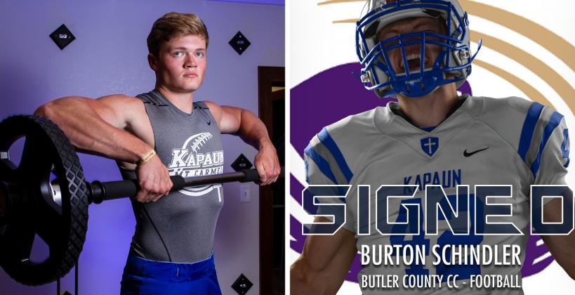 Kapaun defensive end/linebacker Burton Schindler, part of our "Weighting Game" feature, signed with Butler Community College. (Left photo by Joey Bahr, edit on the right courtesy Kapaun Athletics) Kapaun defensive end/linebacker Burton Schindler, part of our "Weighting Game" feature, signed with Butler Community College. (Left photo by Joey Bahr, edit on the right courtesy Kapaun Athletics)