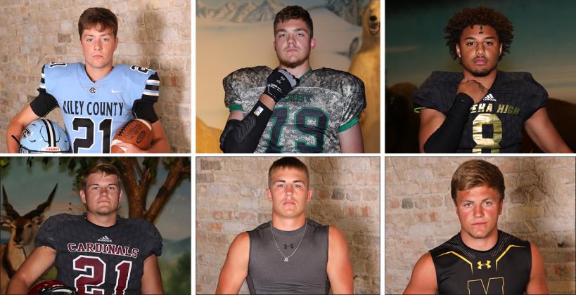 Clockwise from top left: Riley County's Garrett Harmison, Derby's Alex Conn, Topeka's Ky Thomas, Madison's Hunter Engle, Hoisington's Wyatt Pedigo and Plainville's Jared Casey are just a few of the players who will be called on in state semi-final games. (Conn, Thomas, Casey photos by Everett Royer; Harmison, Engle, Pedigo photos by Bree McReynolds-Baetz)