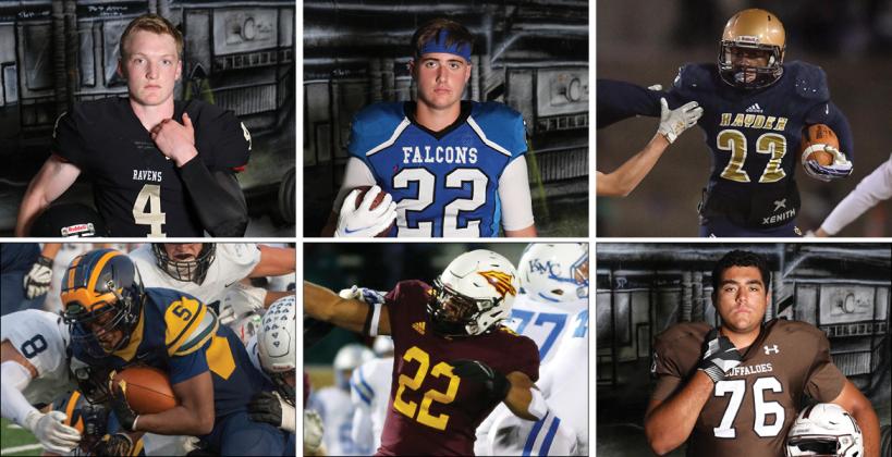 Clockwise from top left: Maur Hill's Andrew Schwinn, West Franklin's Cameron Wise, Topeka Hayden's Desmond Purnell, Garden City's Trey Nuzum, Hays High's Gaven Haselhorst and Wichita Northwest's Julius Bolden are just six of 72 all-star football players from across Kansas participating in this weekend's Kansas Shrine Bowl in Hutchinson.
