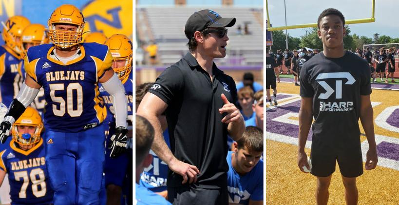 Norton's Christien Hawks (far left) and Coffeyville's Darell Jones (far right) were just two of the many athletes who reaped the rewards of competing in Jake Sharp's (center) Combine Series last summer. (Photos: L-Everett Royer; C-Everett Royer; R-John Baetz)
