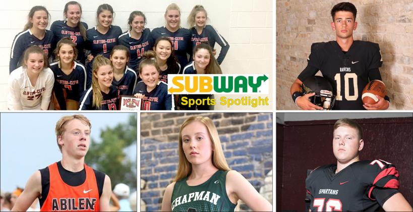 Clockwise from top left: Clifton-Clyde volleyball (Courtesy Photo); Jack Caudle (Photo by Bree McReynolds-Baetz); Hayden Pauls (File Photo); Taylor Briggs (File photo by Everett Royer); Grant Waite (Photo by Huey Counts)