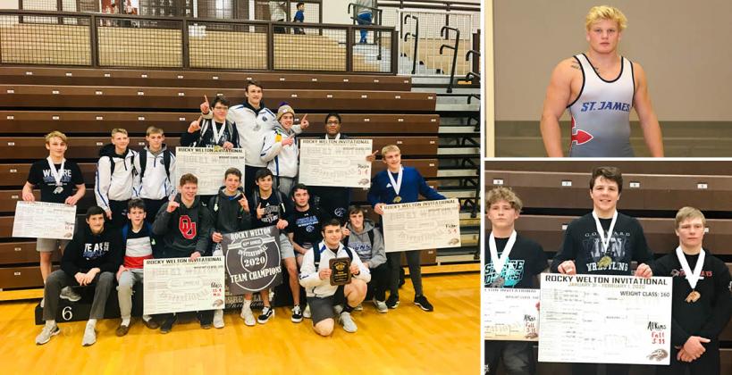 Pictured, clockwise from left: Goddard High won the team title at the Rocky Welton; St. James Academy's Cade Lautt won the 220 pound title; Goddard's Cayleb Atkins won the 160 pound class. (Goddard photos by Jammie Atkins; Lautt photo by Everett Royer, KSportsImages.com)