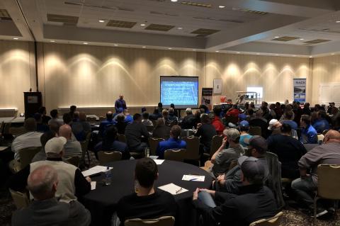 New Kansas State coach Chris Klieman spoke to a packed house to kick-off Friday night's Kansas Football Coaches Association Clinic in Wichita. (Photo by Rod Stallbaumer)