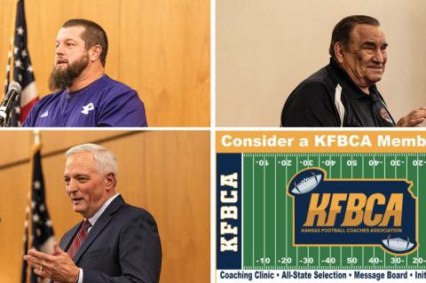 Top left: Pittsburg High football coach Josh Lattimer was on hand to accept former Pittsburg High coach Larry Garman's Hall of Fame plaque. Top right: Dan Lankas was on hand with a large crow of supporters at Sunday's Hall of Fame induction. Bottom left: Larry Taylor's son, Deron, accepted his late father's Hall of Fame plaque at Sunday's ceremony. (Photos: Johnny Abromeit)