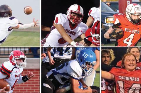Pictured, clockwise from top left: Ingall's Will Ast, Natoma's Javon Letsch, Golden Plains' Mason Green, Wetmore's Kyler Wommack, Tescott's Nate Ehlers, and Cunningham's Lane Halderson were among the players selected for June 3rd's 6-Man All-Star game in Newton. (Photos: Ast by Karla Ast; Green by Judy Rogers; Wommack photo courtesy Wetmore Booster Club; Letsch and Halderson photos by Everett Royer)