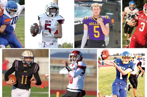 Pictured, clockwise from top left: Jake Hoopingarner, Josh Rath, Langston Nothern, Luke Albers, William Stackhouse, Will Wegerer, and Trey Allen. (Hoopingarner photo courtesy Great Bend Tribune, Rath photo submitted, Nothern photo by Heather Kindall Photography, Albers and Wegerer photos courtesy Cunningham Yearbook class, Allen photo courtesy Weskan schools, Stackhouse photo courtesy Altoona-Midway schools)