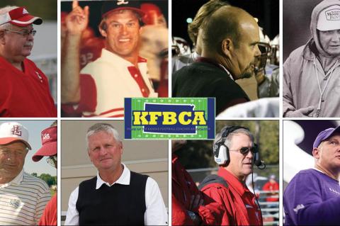 Top row, left-to-right: Roger Barta, Gary Cornelsen, Marvin Diener and Ed Kriwiel. Bottom row: Dick Purdy, Chuck Smith, Tom Young and K-State coach Chris Klieman. (Photos: Barta, Diener, Smith, Young, Kansas Pregame file photos; Cornelsen, Kriwiel, KSHSAA/"Under The Lights"; Klieman courtesy K-State Athletics.)