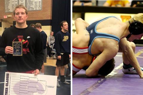 Ell-Saline senior Nick Davenport, left, continued his unbeaten season and top ranking at 3-2-1A's 220 pounds winning the Remington Tournament where he beat third ranked 4A 220 pounder Kenny Fehrman. (Courtesy Photo) Riley County senior Luke Richard continues his unbeaten season as the top-ranked wrestler at 145 pounds in 3-2-1A. (Photo by Everett Royer, KSportsImages.com)