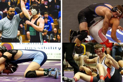 Top left: Derby's Cade Lindsey is the top-ranked wrestler in 6A's 170 pound class. (Photo by Tanner Hopkins) Top right: Goddard's Troy Fisher is the top-ranked wrestler in 5A's 170 pound class. (Photo by Wendy Morrow) Bottom left: Scott City's Justus McDaniel is the top-ranked wrestler in 4A's 132 pound class. (Photo by Everett Royer, KSportsImages.com) Bottom right: Hoxie's Dayton Porsch is the top-ranked wrestler in 3-2-1A's 160 pound class. (Photo by Everett Royer, KSportsImages.com)