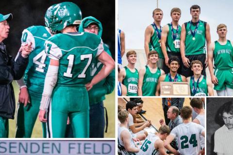 Chuck Fessenden retired this spring after nearly 45 years coaching football, basketball and track & field. (Current photos by Fig Millan; Bottom right photo of Chuck in his early days as a teacher at Northern Valley courtesy Amy McKinney via a Northern Valley yearbook)
