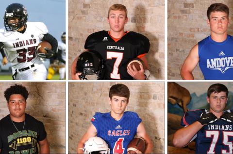 Clockwise from top left: Wichita County running back Jesse Gardner (Photo by Everett Royer); Centralia QB Kamble Haverkamp (File Photo); Andover LB Ashton Ngo (File Photo); Manhattan OL Sam Shields (Photo by Everett Royer); Canton-Galva QB Landon Everett (File Photo); Basehor-Linwood OL Cion Harris (File Photo)