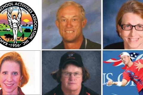 Clockwise from top center: Gary Cornelsen, Charlotte Davis, Jack Sock, Kimbrook Tennal, Rene Wilson. (Photos courtesy the Kansas State High School Activities Association)