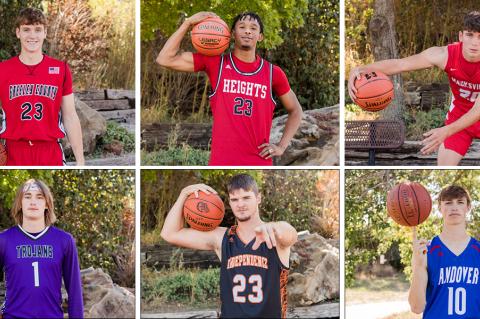 Clockwise from top left: Greeley County's Jaxson Brandl, Wichita Heights' TJ Williams, Macksville's Ryan Kuckelman, Andover's Eli Shetlar, Independence's Easton Ewing, and Southeast of Saline's Eli Sawyers earned All-State honors from the Kansas Basketball Coaches Association. (Photos by Heather Kindall)