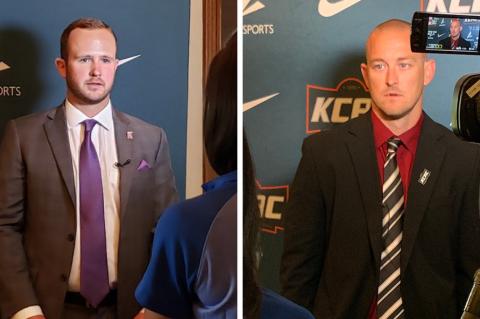 Kansas Wesleyan's Myers Hendrickson (left) and Bethel's Terry Harrison (right) were among the KCAC football coaches who addressed the media on Thursday. (Photos courtesy KWU Athletics and the KCAC)